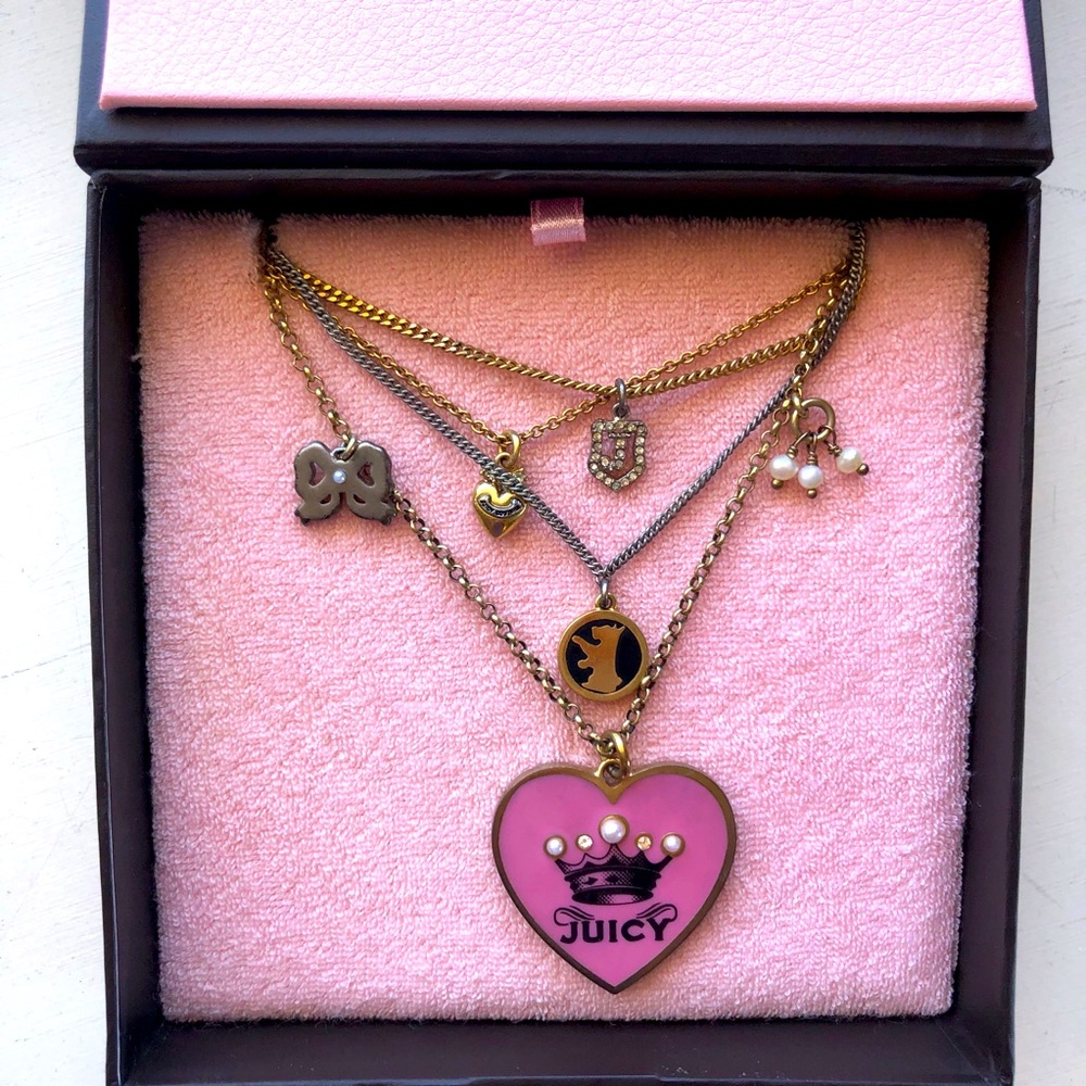 Vintage Juicy Couture Multi Strand Charm Necklace Mixed Metal Y2K Pink Box